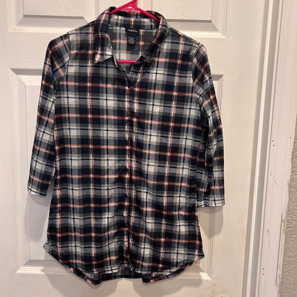 Rue21 Women's Plaid 3/4 Sleeve Button Down Shirt Top Large Navy‎ Orange